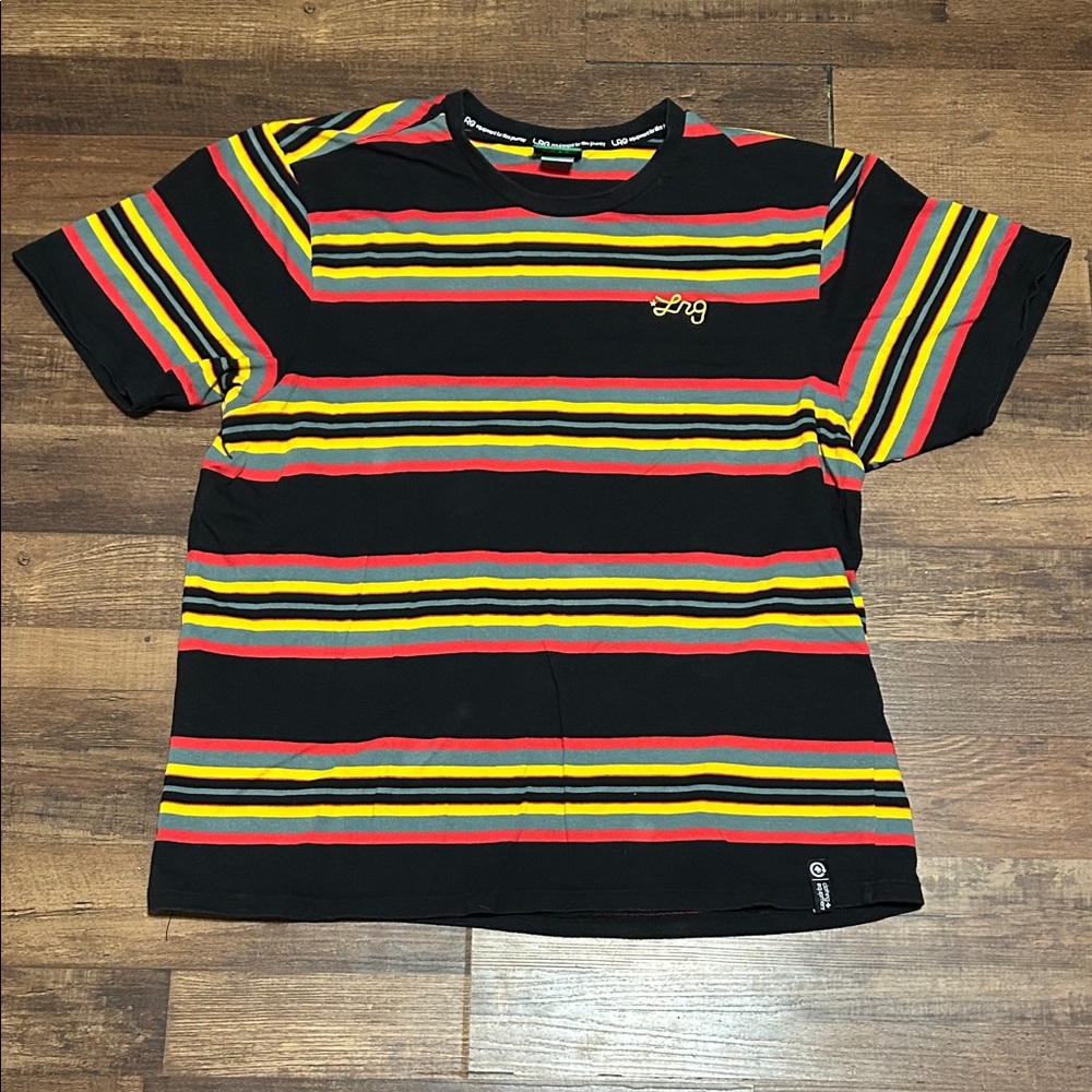 LRG Black Tee with Red, Yellow, and Green Stripes - Men’s 2XL